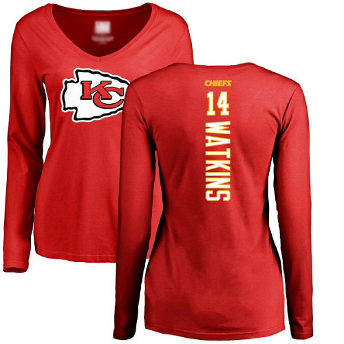 Women Football Kansas City Chiefs #14 Watkins Sammy Red Backer Slim Fit Long Sleeve T-Shirt